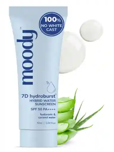  Moody Sunscreen With Hyaluronic & SPF 50 PA +++ UVA/B Broad Spectrum Protection Dewy Skin | No White Cast with 7D Hydro Burst